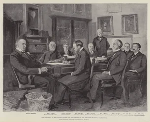 De President van de Verenigde Staten en zijn Kabinet in het Witte Huis, Washington